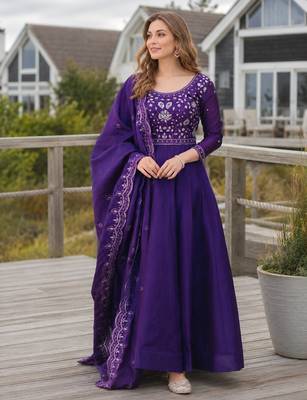 Violet silk anarkali suit with embroidery & beats work 1