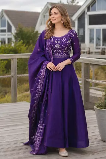 Violet silk anarkali suit with embroidery & beats work
