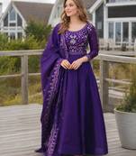 Violet silk anarkali suit with embroidery & beats work