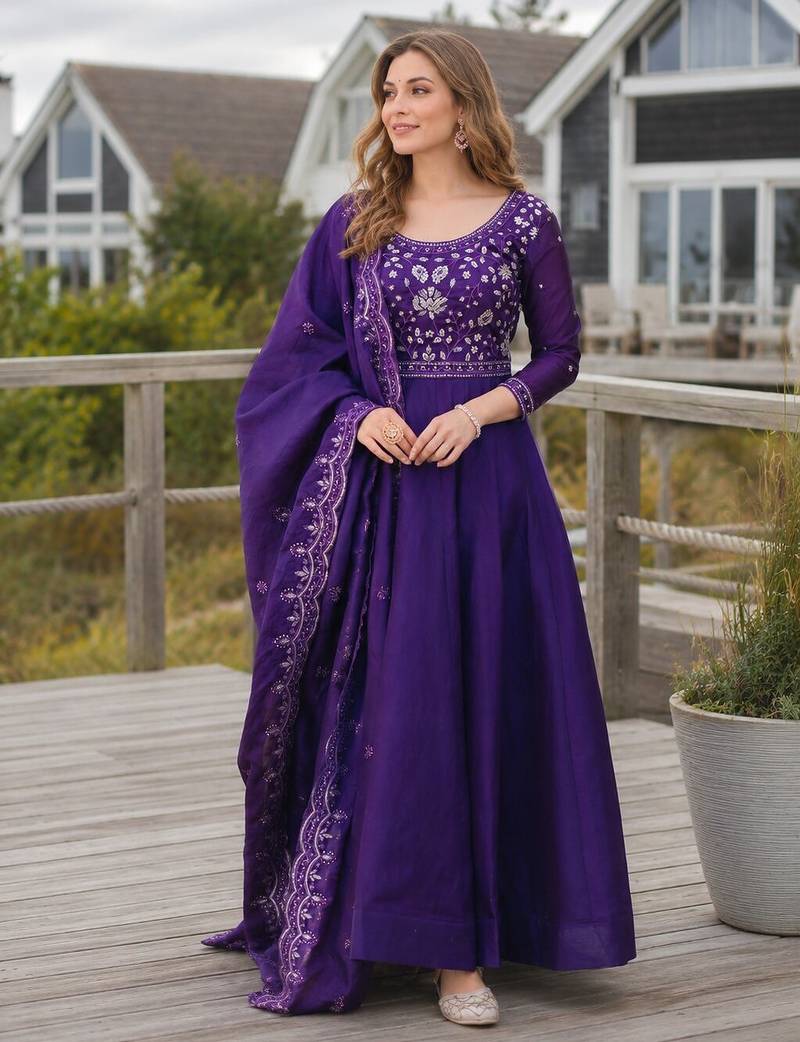 Violet silk anarkali suit with embroidery & beats work