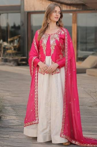 Pink silk anarkali suit with embroidery & sequin work