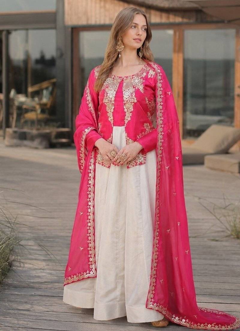 Pink silk anarkali suit with embroidery & sequin work