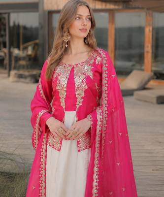 Pink silk anarkali suit with embroidery & sequin work 2