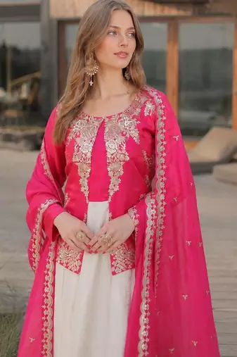 Pink silk anarkali suit with embroidery & sequin work