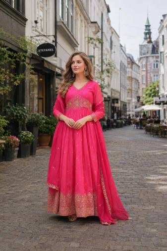 Pink silk anarkali suit with embroidery & zari work