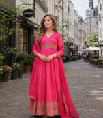 Pink silk anarkali suit with embroidery & zari work