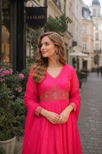 Pink silk anarkali suit with embroidery & zari work