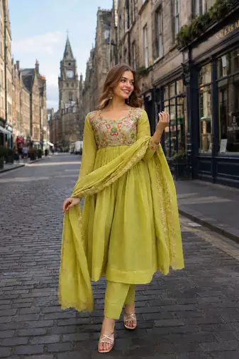 Green chanderi anarkali suit with embroidery & beats work