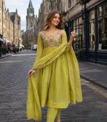 Green chanderi anarkali suit with embroidery & beats work