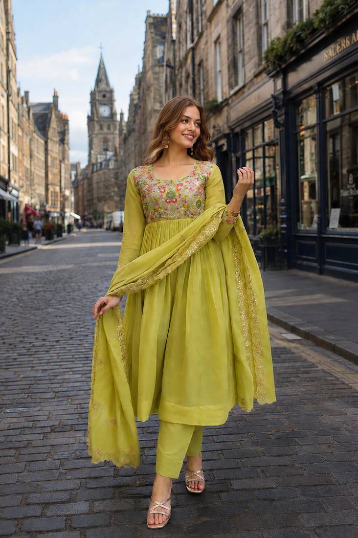 Green chanderi anarkali suit with embroidery & beats work