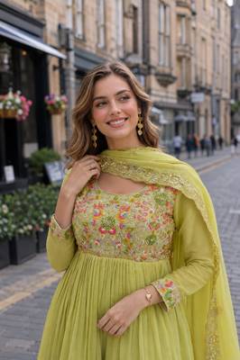 Green chanderi anarkali suit with embroidery & beats work 2