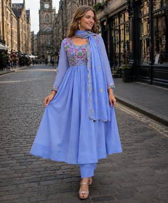 Blue chanderi anarkali suit with embroidery & beats work 1