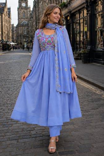 Blue chanderi anarkali suit with embroidery & beats work