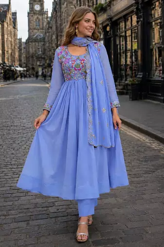 Blue chanderi anarkali suit with embroidery & beats work