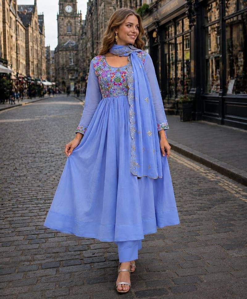 Blue chanderi anarkali suit with embroidery & beats work
