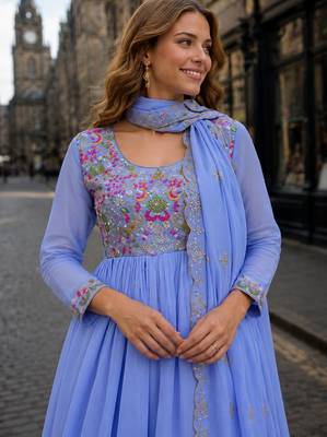 Blue chanderi anarkali suit with embroidery & beats work 2