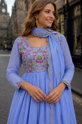 Blue chanderi anarkali suit with embroidery & beats work