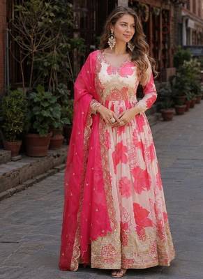 Pink silk anarkali suit with embroidery & sequin work 1