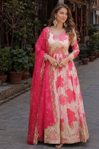 Pink silk anarkali suit with embroidery & sequin work
