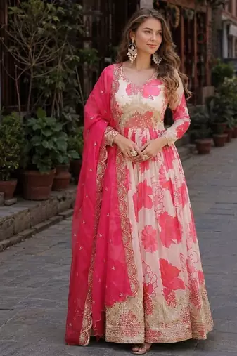 Pink silk anarkali suit with embroidery & sequin work