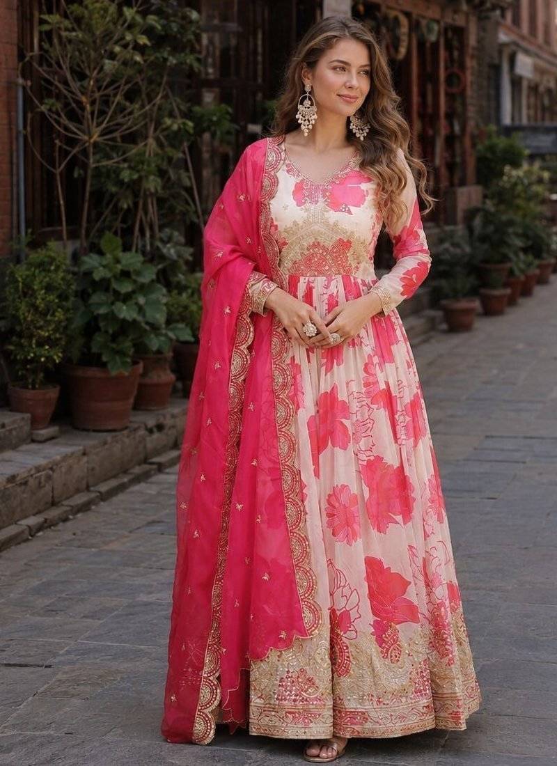 Pink silk anarkali suit with embroidery & sequin work