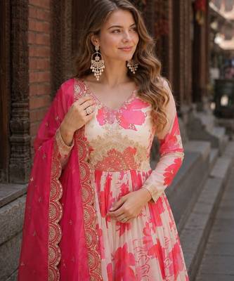 Pink silk anarkali suit with embroidery & sequin work 2