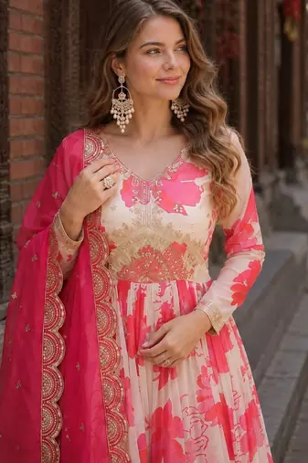 Pink silk anarkali suit with embroidery & sequin work