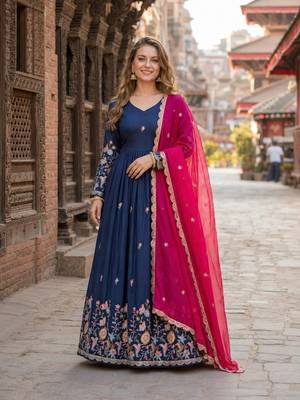 Navy silk anarkali suit with thread embroidery & sequin work 1