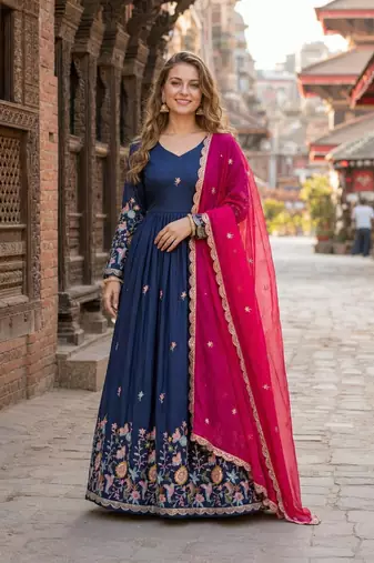 Navy silk anarkali suit with thread embroidery & sequin work