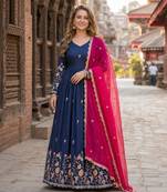 Navy silk anarkali suit with thread embroidery & sequin work