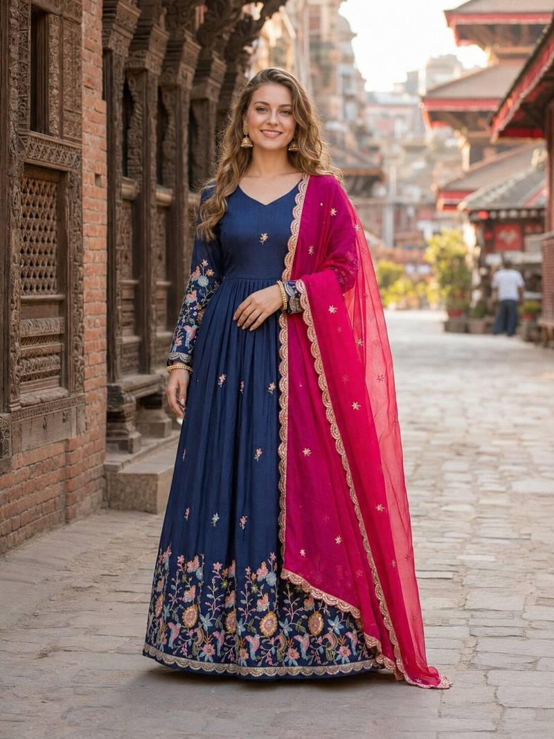 Navy silk anarkali suit with thread embroidery & sequin work