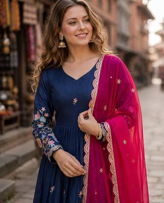 Navy silk anarkali suit with thread embroidery & sequin work 2