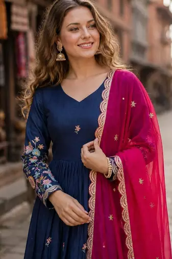 Navy silk anarkali suit with thread embroidery & sequin work