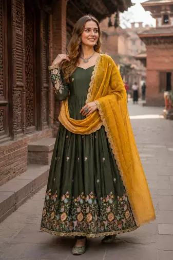 Mehendi silk anarkali suit with thread embroidery & sequin work