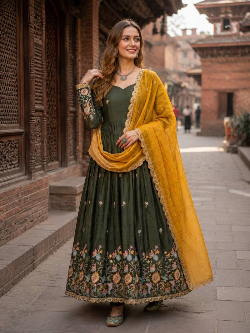 Mehendi silk anarkali suit with thread embroidery & sequin work