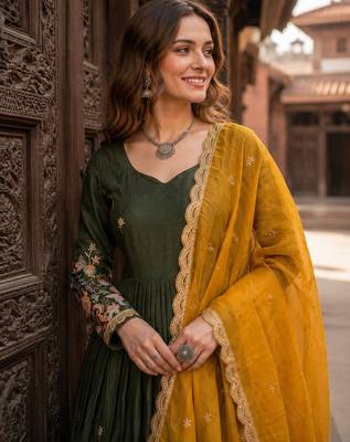 Mehendi silk anarkali suit with thread embroidery & sequin work 2