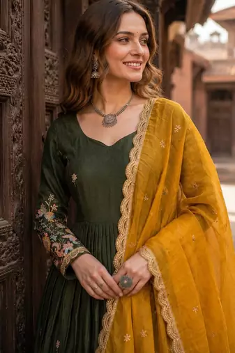 Mehendi silk anarkali suit with thread embroidery & sequin work