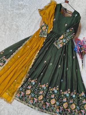Mehendi silk anarkali suit with thread embroidery & sequin work 3
