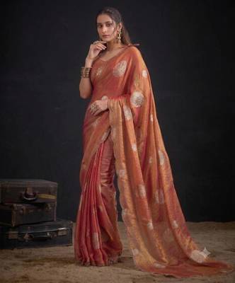 Orange silk blend embroidered saree 2