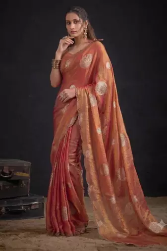 Orange silk blend embroidered saree
