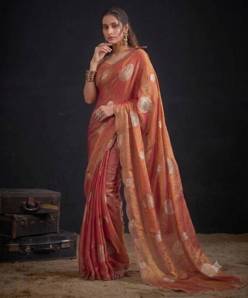 Orange silk blend embroidered saree