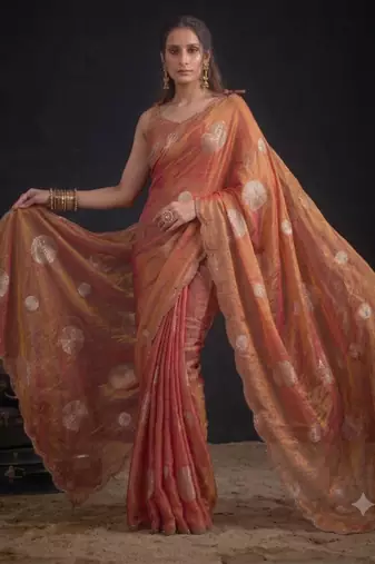 Orange silk blend embroidered saree