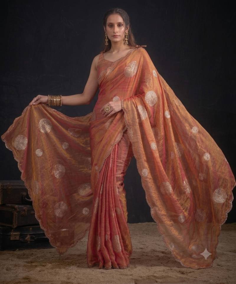 Orange silk blend embroidered saree