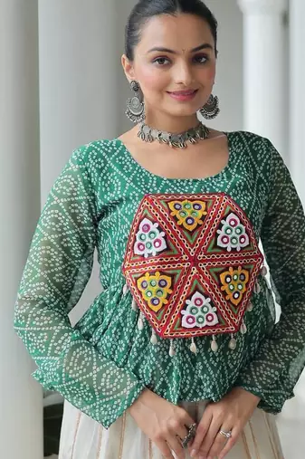 Wine navratri bandhani print kutchi gamthi patchwork top