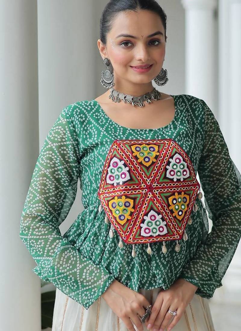 Wine navratri bandhani print kutchi gamthi patchwork top