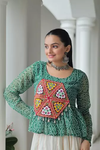 Wine navratri bandhani print kutchi gamthi patchwork top