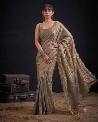 Grey silk blend embroidered saree 1