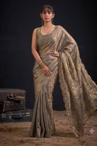Grey silk blend embroidered saree
