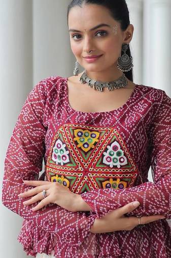 Wine navratri bandhani print kutchi gamthi patchwork top