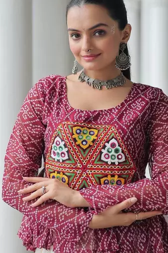 Wine navratri bandhani print kutchi gamthi patchwork top